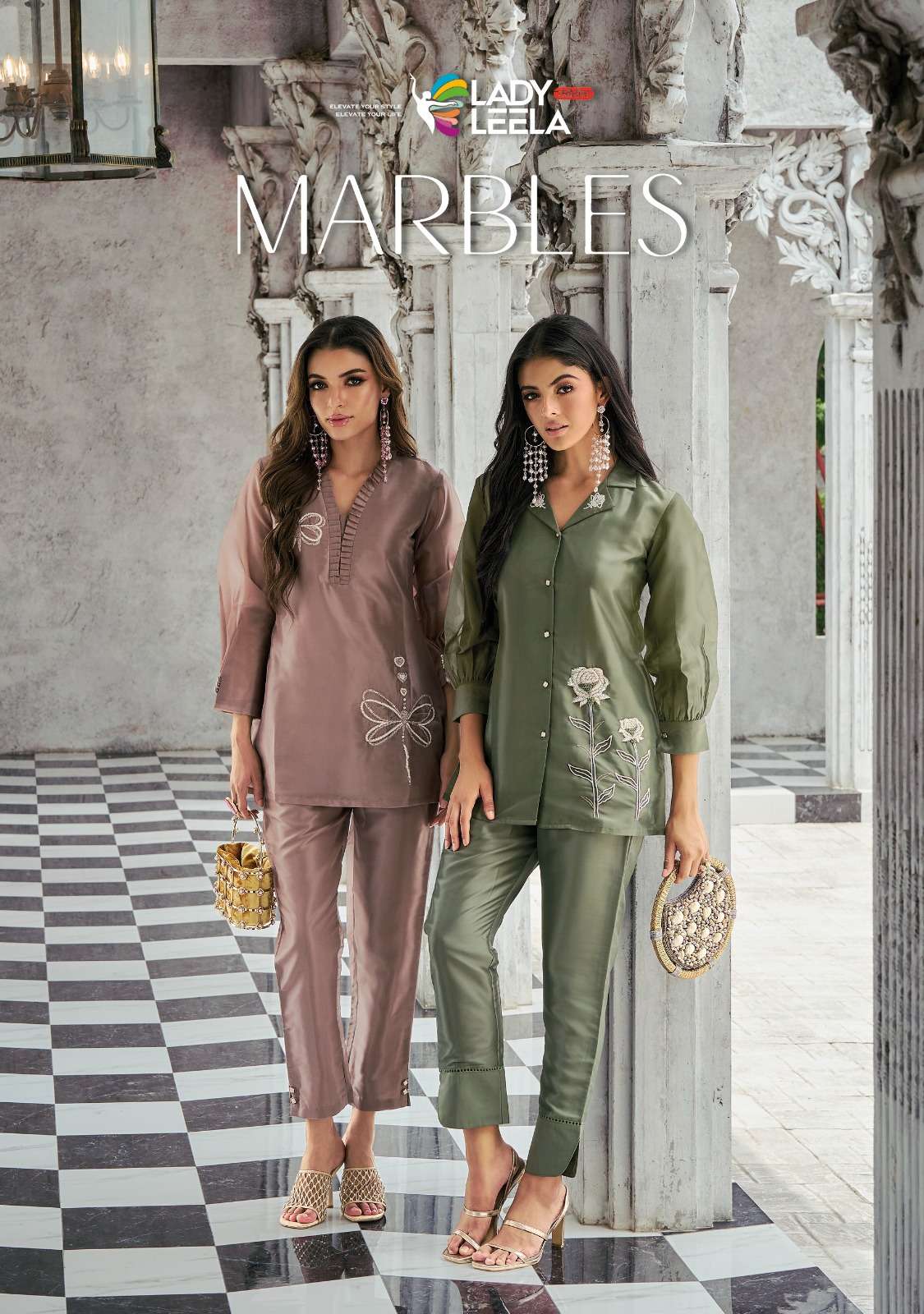 lady leela catalogue marbles premium coord set collection series 1041 to 1045  pure handwork on viscose organza fabric with inner stylish partywear cord set for women 