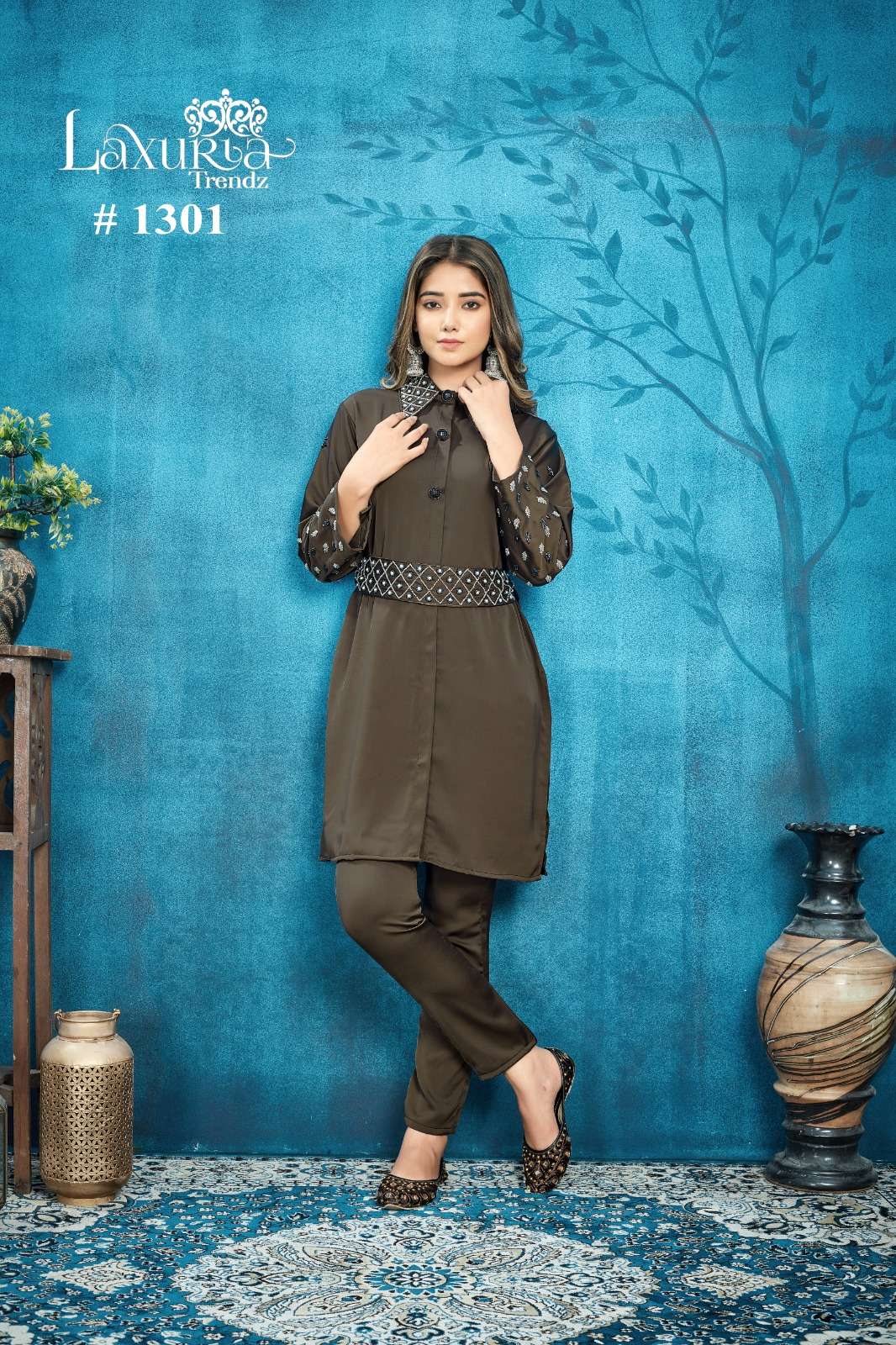 laxuria trendz coord set series 1301 georgette handwork tunic with sleeves grey colour waist belt stylish partywear coord set for women  