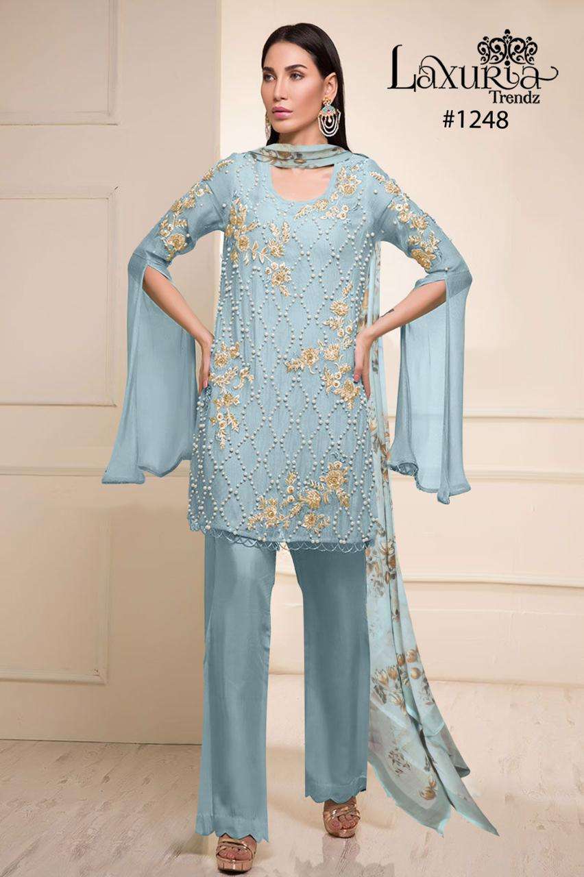 laxuria trendz design number 1248 ocean blue colour kurtie with pant and duppta luxury pret collection in tunic n cigarette pants with dupatta 