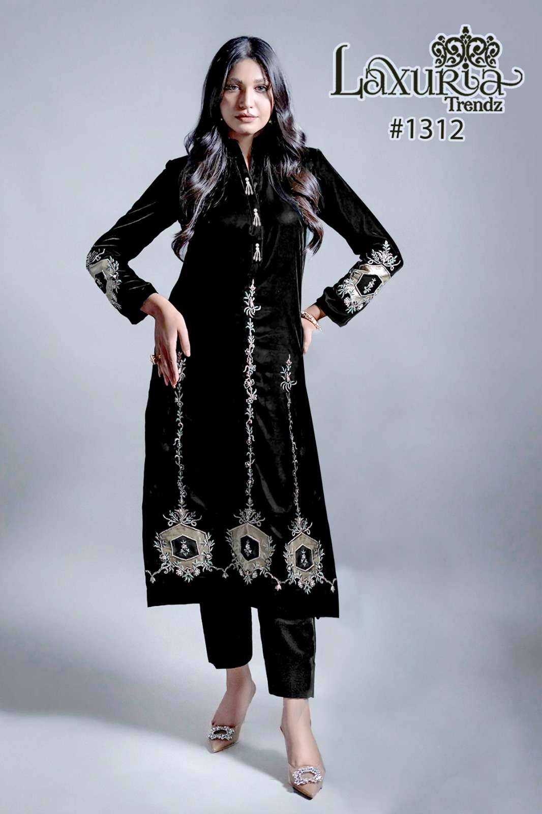 laxuria trendz winter collection 2023 laxuria trendz design number 1312 designer threaded  embroidered velvet tunic n neck pattern with embroidery sleeves paired with velvet fabric straight pant 