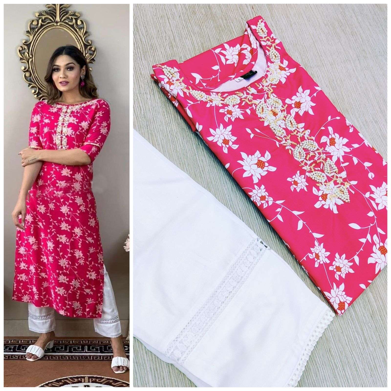 marriage season special pearls pure printed rayon cotton with embroidery work and beautiful pearl work in neck readymade stylish readymade kurtie with white pant cord set  
