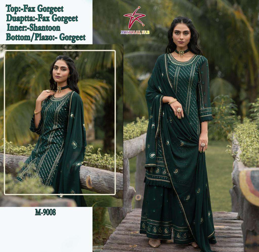 mishaal fab design number 9008 heavy georgette bottle green colour heavy sequence embroidery partywear pakistani suit collection   