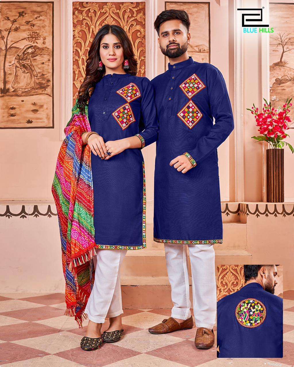 navratri twinning  matching girls and boys kurta and kurti with back embroidery on all piece couple twinnig combo for navratri couple dresses for navratri combo 