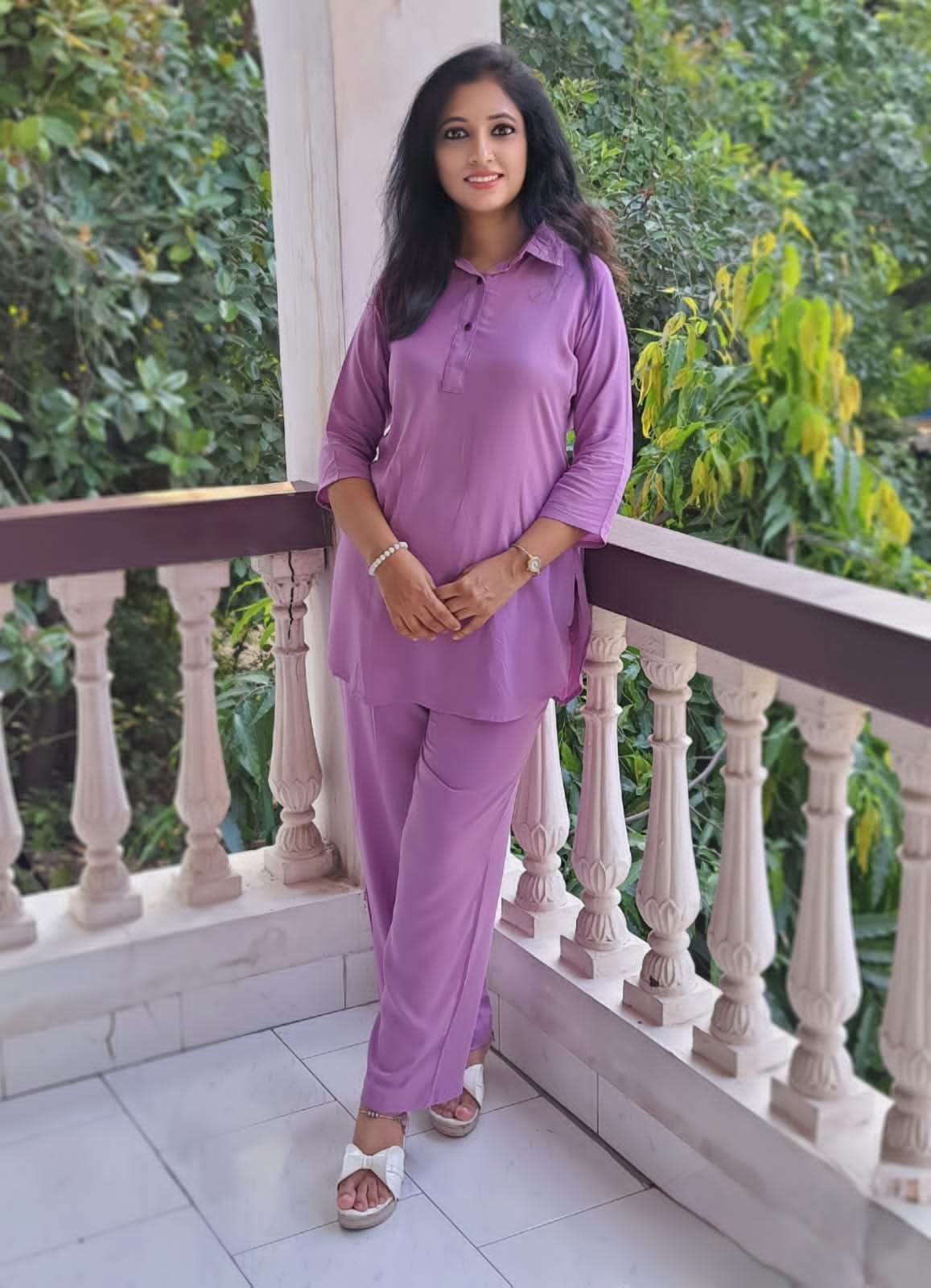 plain coord sets set in pure rayon cotton the top is looking bold with collar n 3 buttons with breezy pants the plain colours cord set for women  