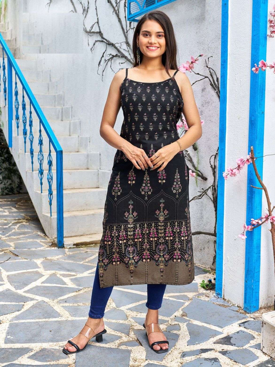 ramya sleeveless printed kurti with adjustable height fabric heavy rayon print stylish girlish sleeveless strips kurties collection  