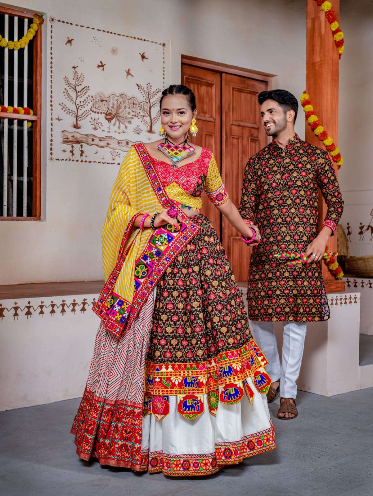 sku ah 576  premium quality torani zig zag navaratri lahenga choli womens lehenga choli and mens kurta pyjama twinning for navratri lehenga choli and kurta same for navratri collection  