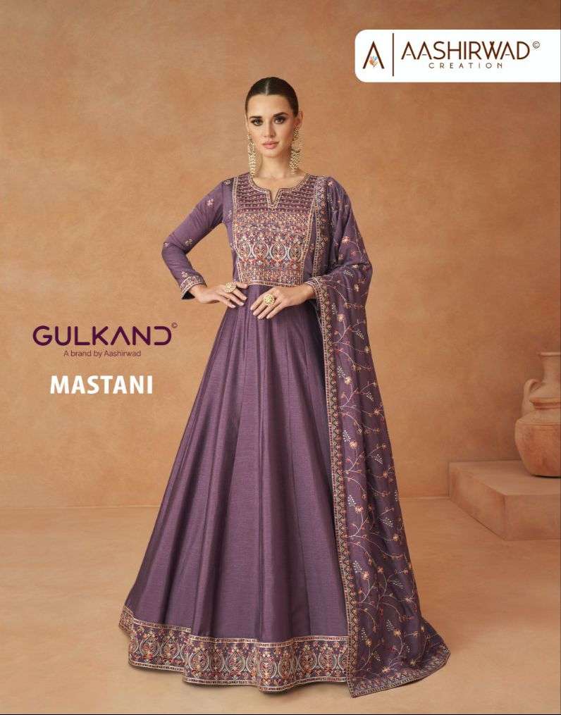 aashirwaad creation catalogue mastani series 9802 to 9804 premium silk free size stitch readymade dress gown stylish partywear dress