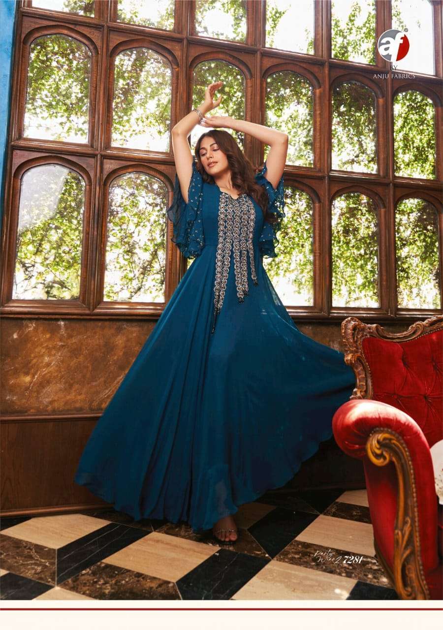 af anju fabrics catalogue partywear vol 2 series 7281 to 7283 designer partywear indowestern collection stylish indowestern handwork boutique style indowestern dresses 