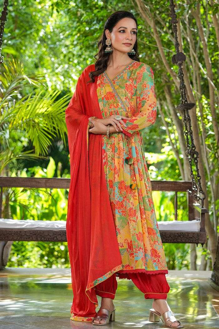 alia cut lights brand piece alia with a afghani plus angrakha style muslin alia cut suit set hand embroidery readymade suit in affordable price  