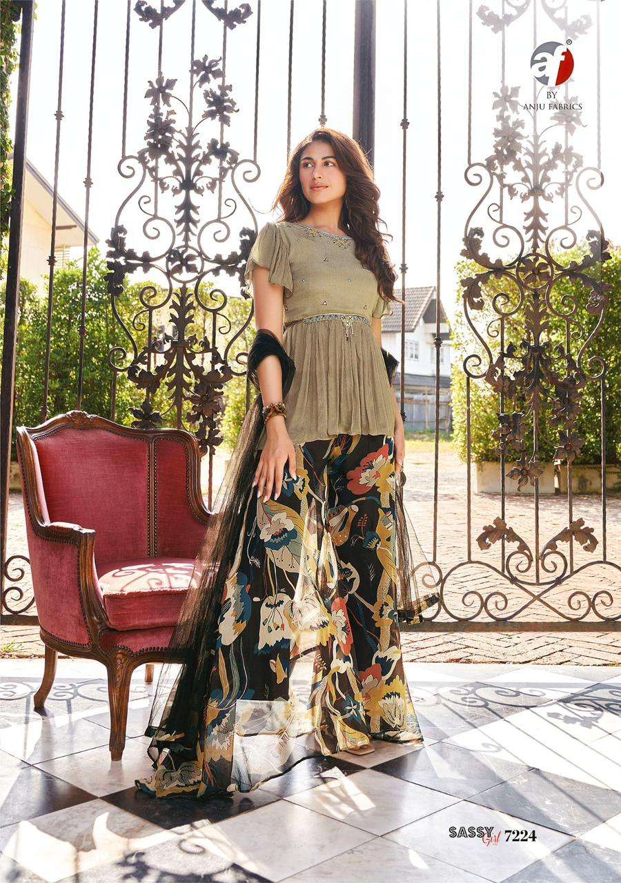 anju fabrics catalogue sassy girl vol 3 series 7224 to 7226 indowestern designer kurtie divider with duppta stylish indowestern wear womens collection 