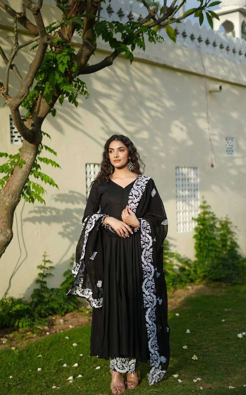 black beauty suit set Kurta bottom dupptta Formal wear black colour readymade suit with white embroidery work 