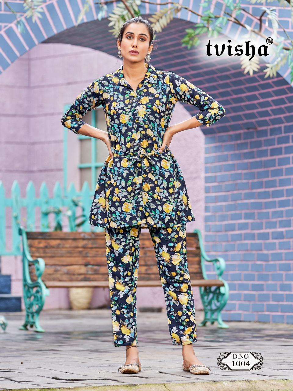 blossom coord set in best 6 prints fabric soft rayon print center belt will come stylish girlish womens cord set collection for dailywear 