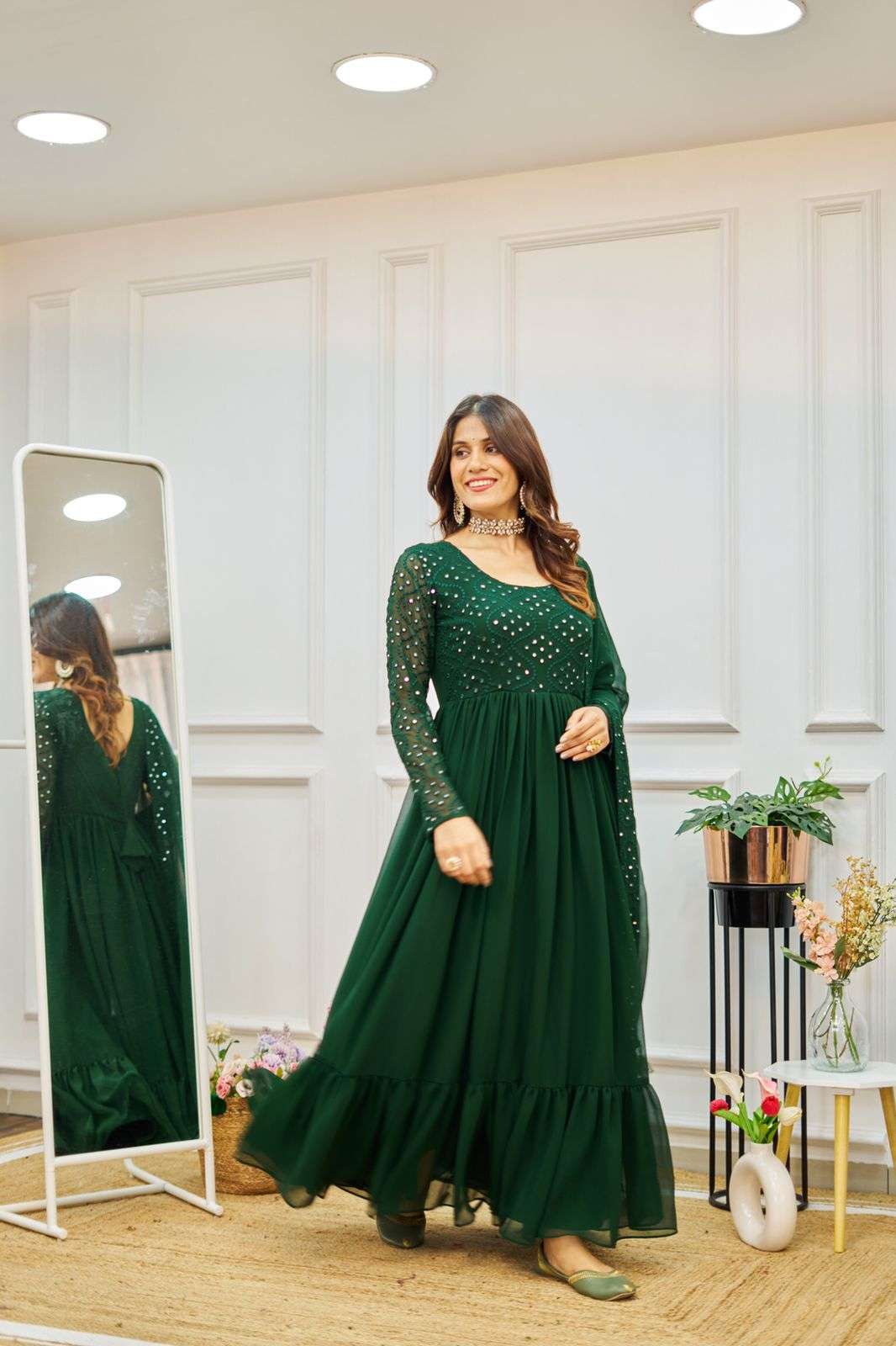 bottle green colour readymade gown beautiful gown  dupatta set sku number str 1091 zz gown fabric foxgeorgette with embroidery mirror work 