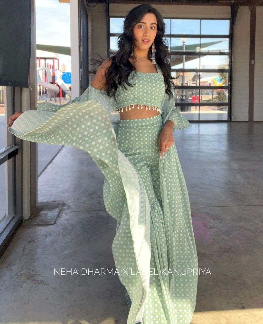 coord set from our latest collection our sage green printed georgette crop top and sharara set stylish indowestern cord set green colour 3 piece cord set  