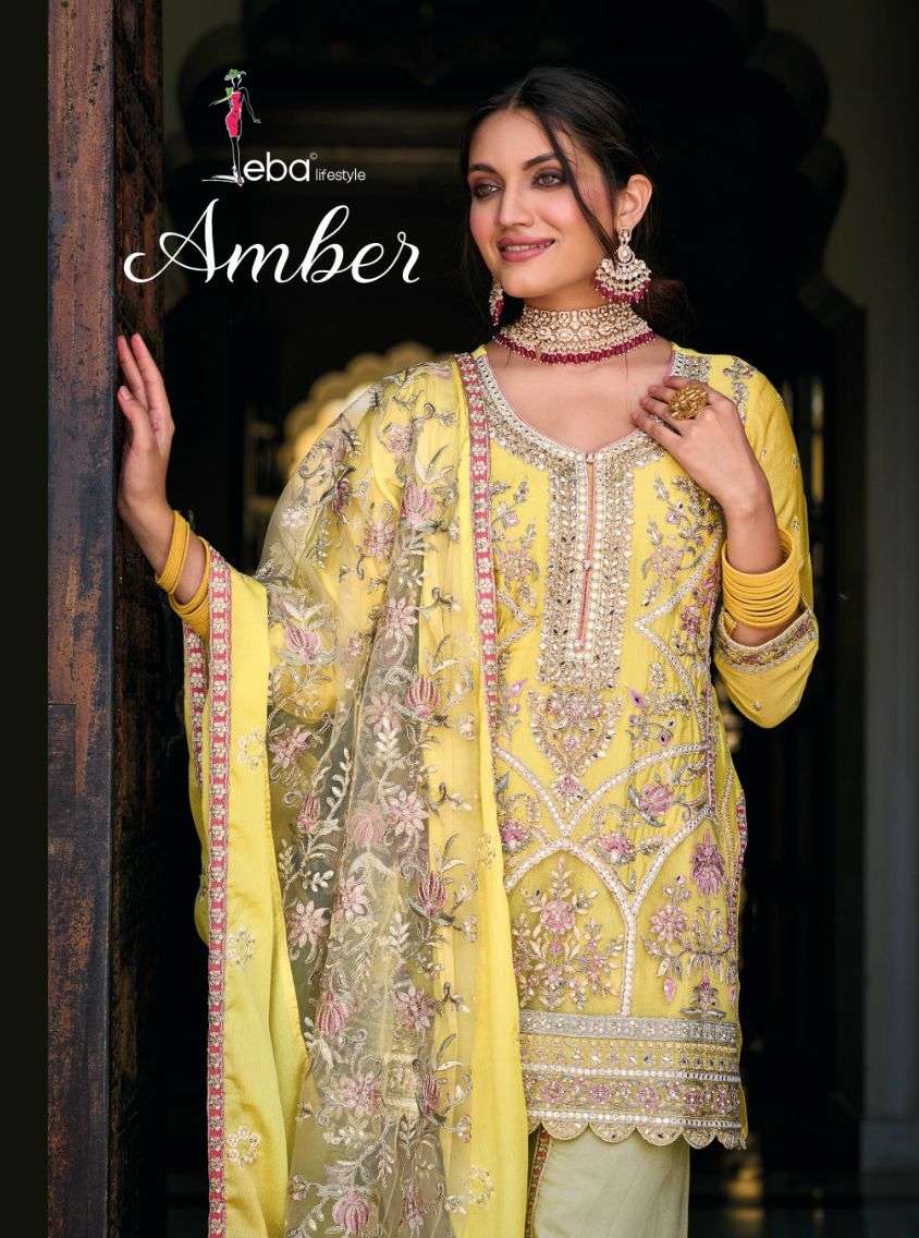 eba lifestyle catalogue amber design number 1631 heavy chinon with embroidery partywear dhoti style bottom yellow colour suit collection 