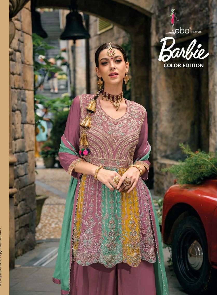 eba lifestyle catalogue barbie colour edition series 1608 to 1608 b chinon with emboidery work front n back with diamond work stylish heavy partywear sharara suit collection