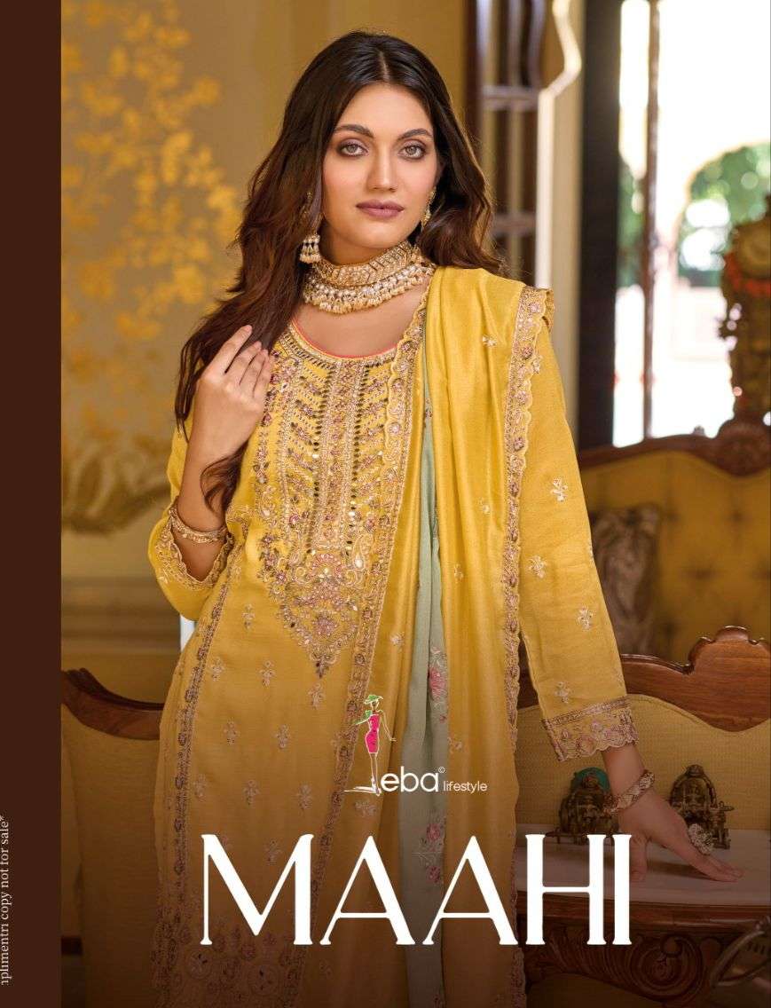 eba lifestyle catalogue maahi series 1630  premium silk with emboidery work straight heavy embroidery pakistani readymade suit collection in yellow colour haldi outfit  