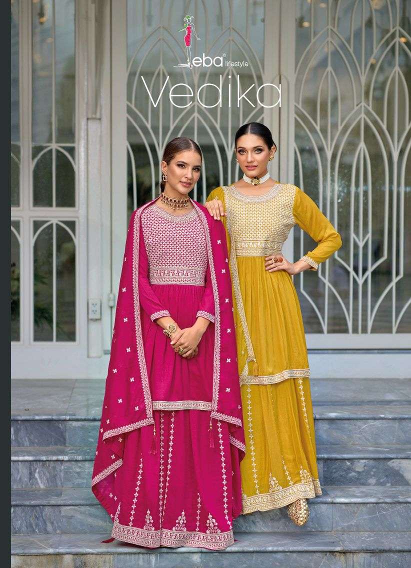 eba lifestyle catalogue vedika series 1612 to 1613 premium silk with embroidery paplone design skirt with top heavy embroidery partywear suit collection 