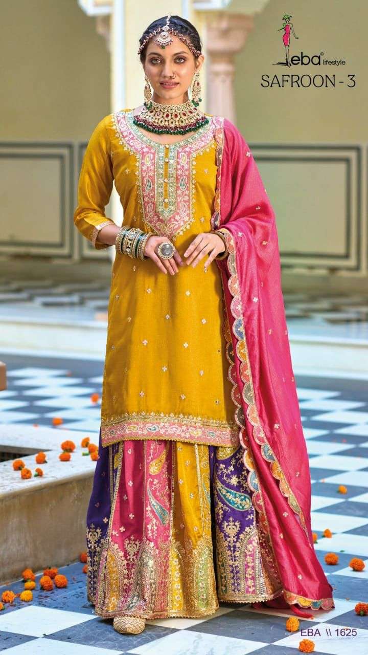 ebalifestyle catalogue safroon 3 series 1624 to 1625  premium silk with emboidery work partywear sharara suit collection paplone design partywear suit  