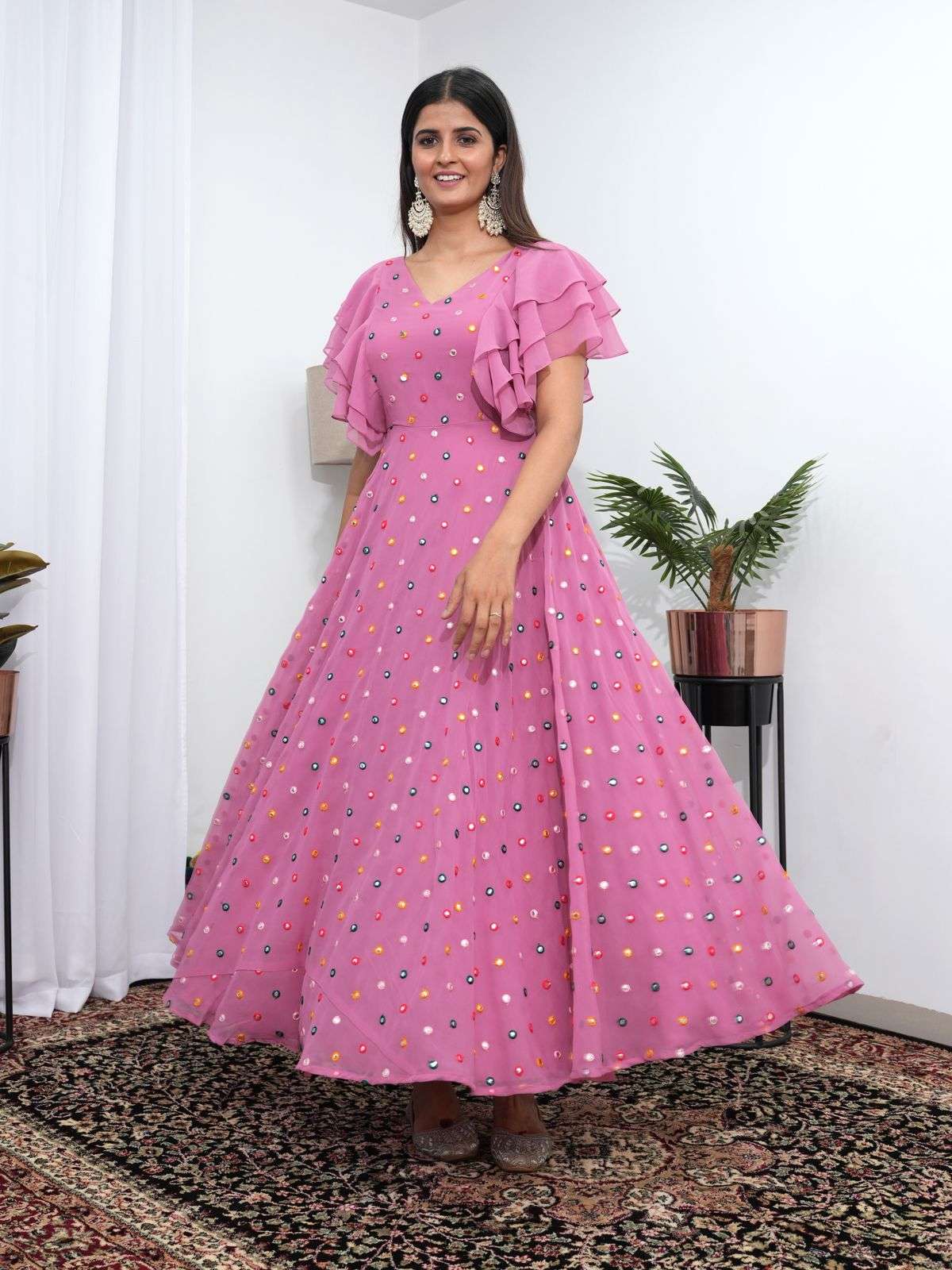 fox georgette gown fox georgette with beautiful mirror work sleevs fancy patern sleeves waist belt georgette with mirror work one piece gown collection 