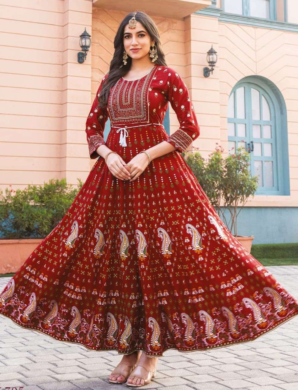 glam nx long anarkali gown with embroidery work fabric 14kg rayon print with embroidery work gown with waist belt  
