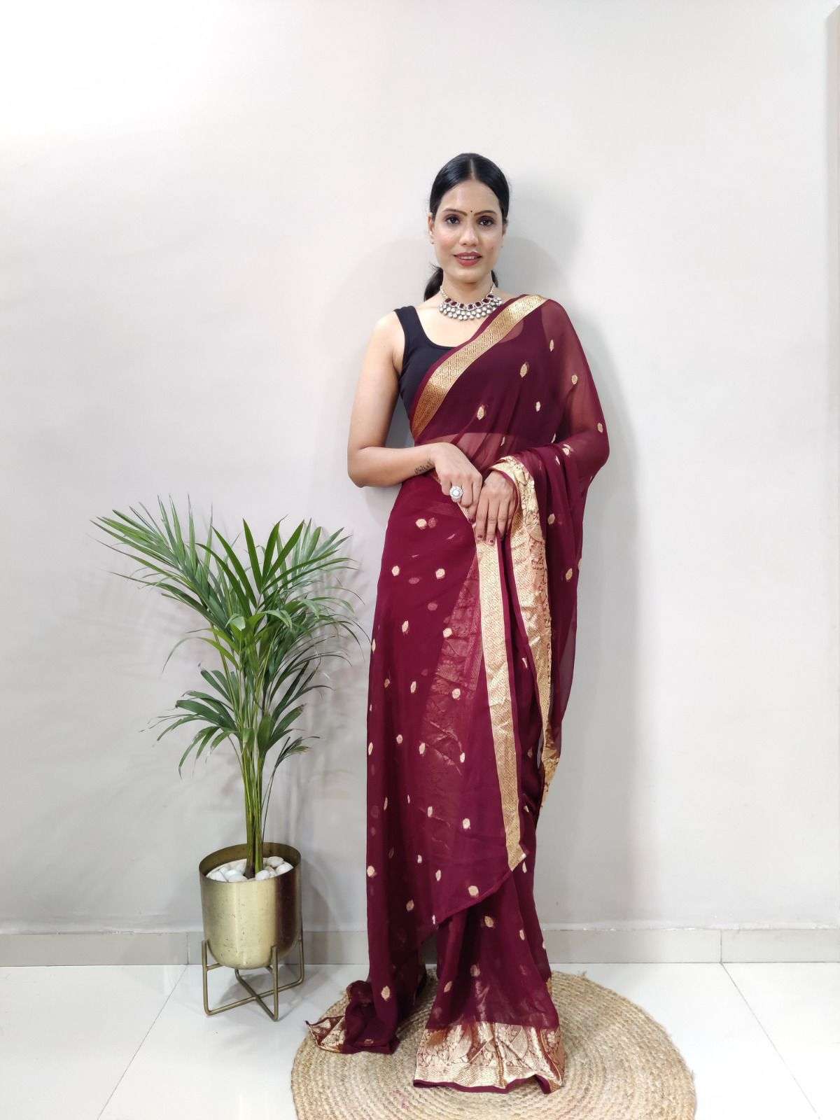 in just one minute ready to wear saree collection with attractive weaving belt soft georgette fabric golden weaving butta with panel ready to wear saree 