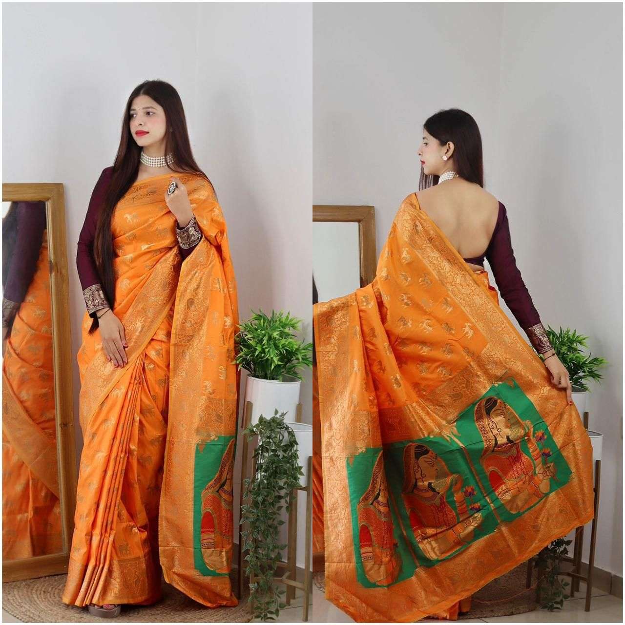 karwa chauth special kalamkari style golden weaving saree collection pure zari weaving golden saree karwa chauth special saree 