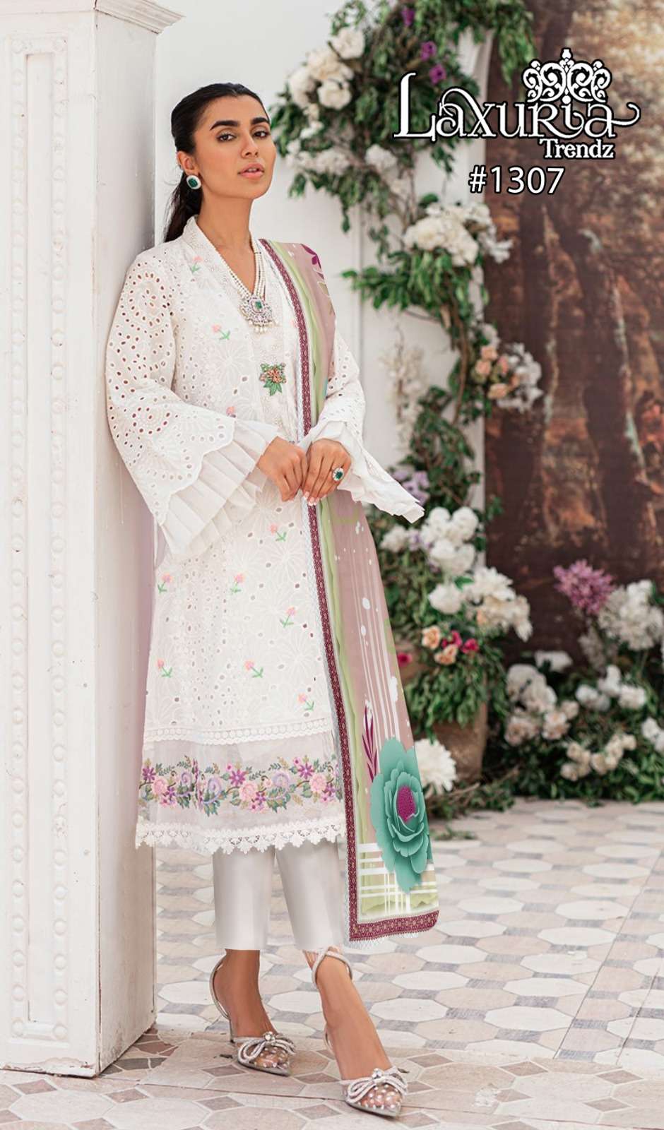 laxuria trendz design 1307 luxury pret collection in tunic n cigarette pants with duptta white colour heavy embroidery readymade pakistani suit collection  
