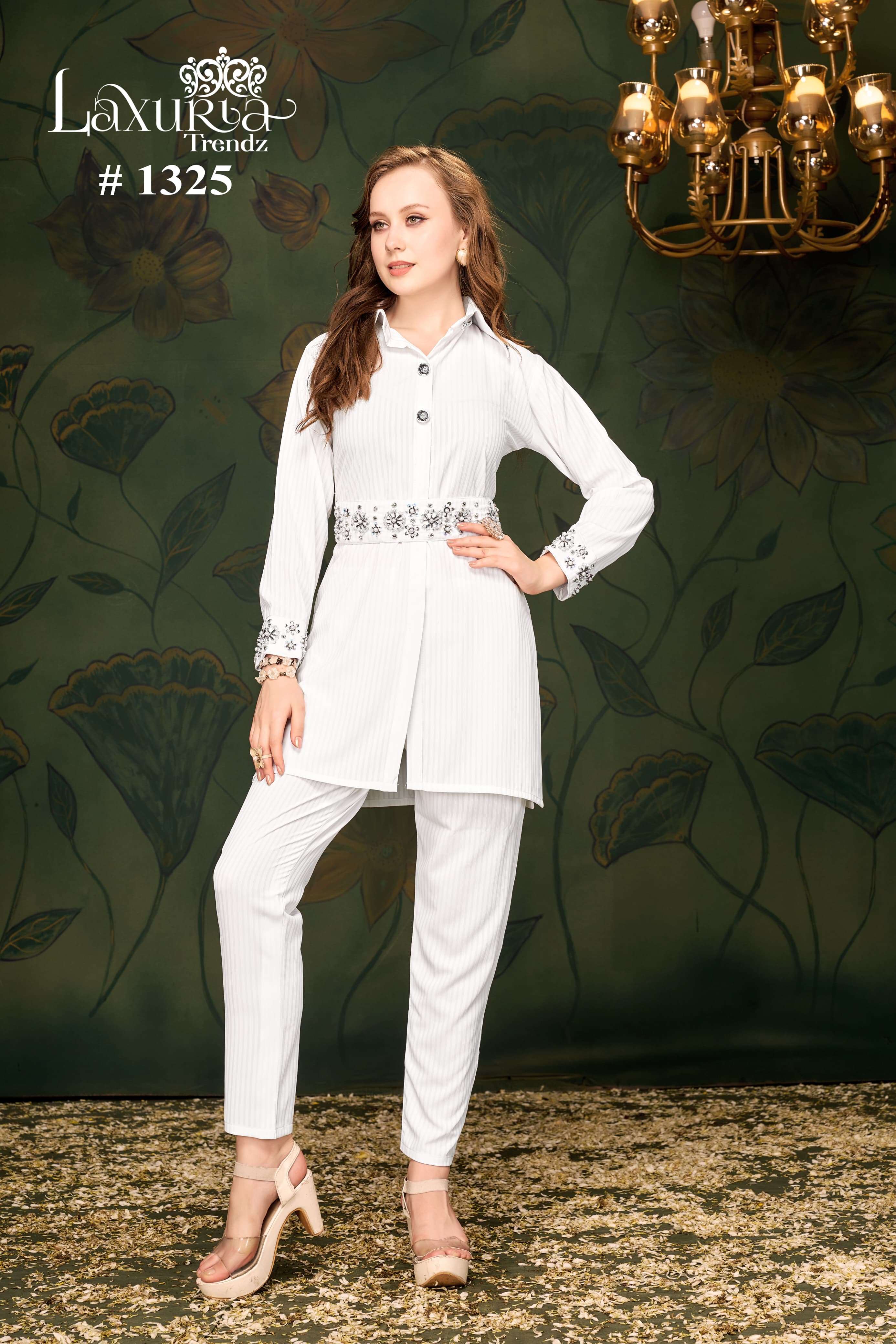laxuria trendz design number 1325 white colour handwork cord set collection designer tunic with gorgeous handwork tunic with sleeves waist belt and pant cord set 