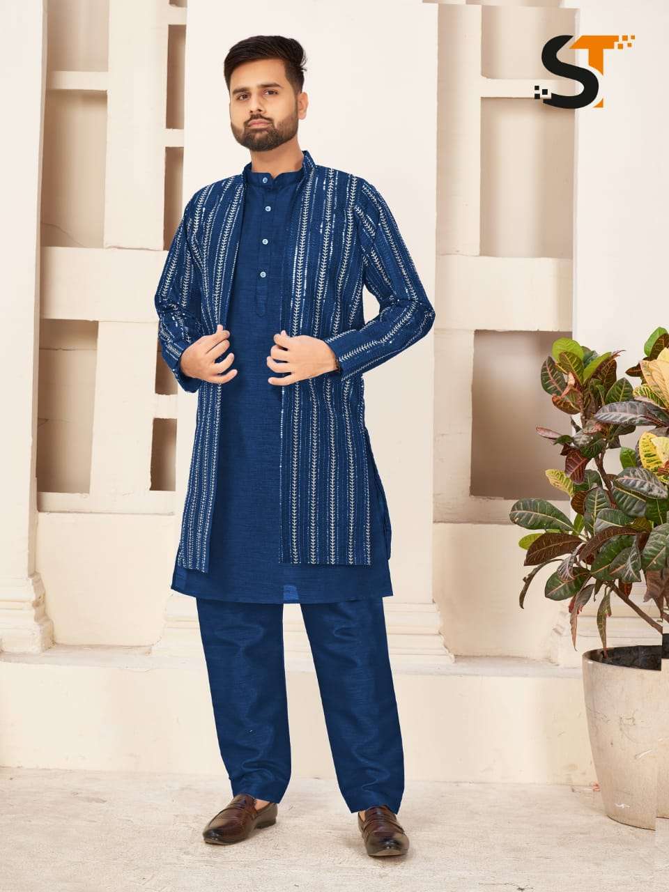 mens kurta pyjama partywear kurta pyjama with  koti for all types of functions fabric heavy banglori silk with fussing inner in koti mirror embroidery sequence n back side 
