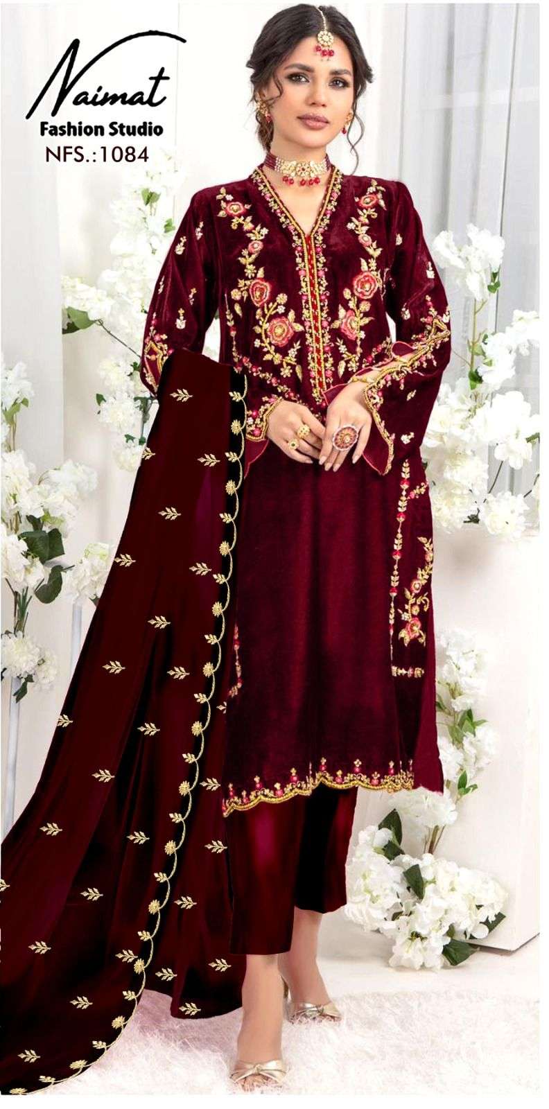 naimat fashion studio nfs 1084  luxurious pret collection classic diamond work in top and sleeve with 9000 velvet pant n designer dupatta with embroidery work 