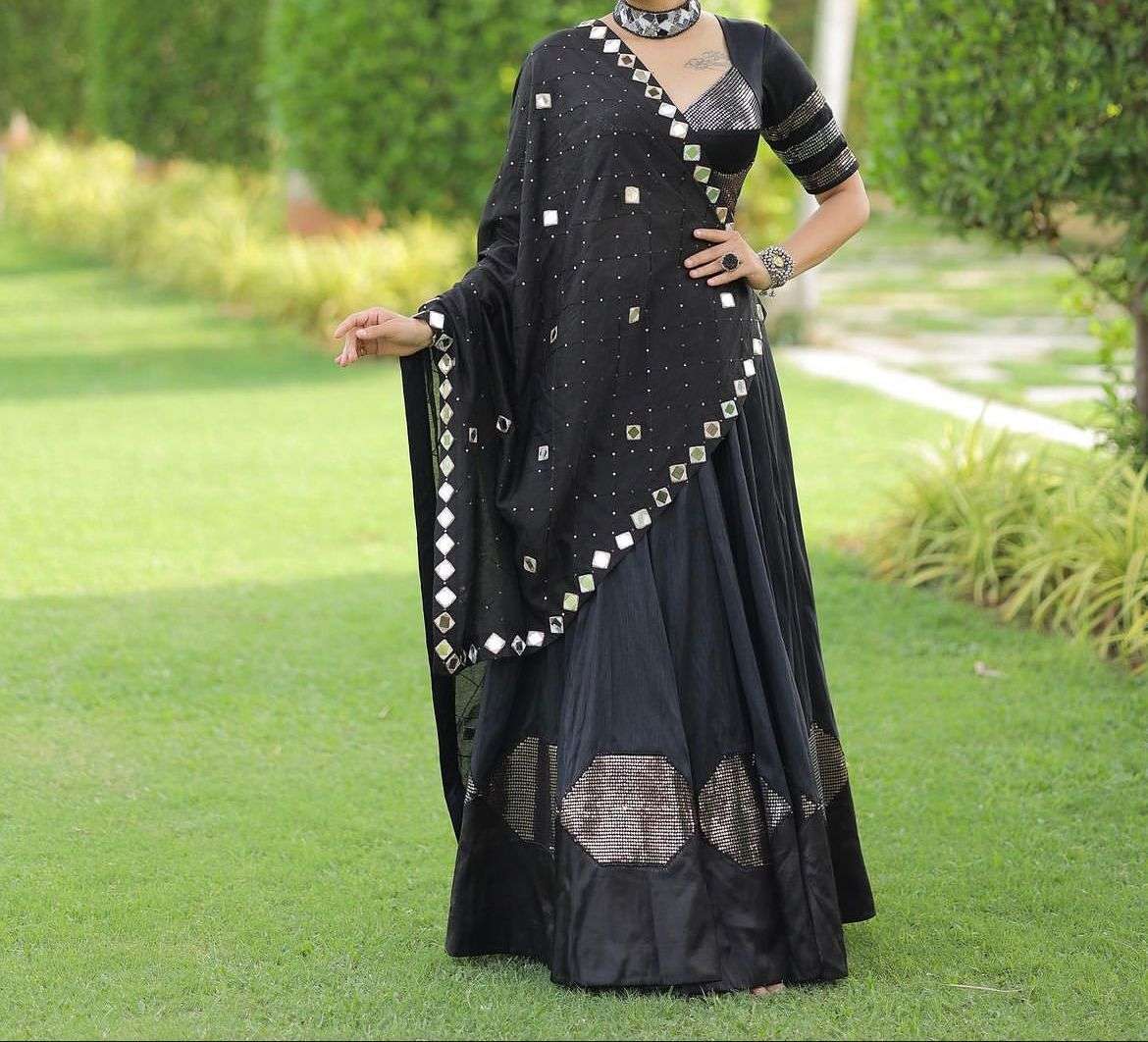 navratri special traditional chaniya choli collection 2023 design number 7065  mtr flair pure cotton silk lehenga work: sequins work butta black colour navratri lehenga choli    