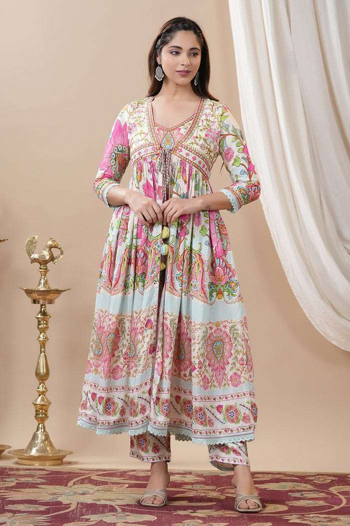 new lauching rajwadi shrug set cream royal rajwadi print blouse with pant and tassel embellished shrug full embroidery neck koti indo western shrug jacket set  