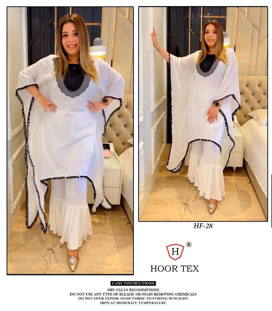 presents new catalogue in pakistani full stitched hoor tex design number hf 28 kaftan style white colour pakistani top n pant 