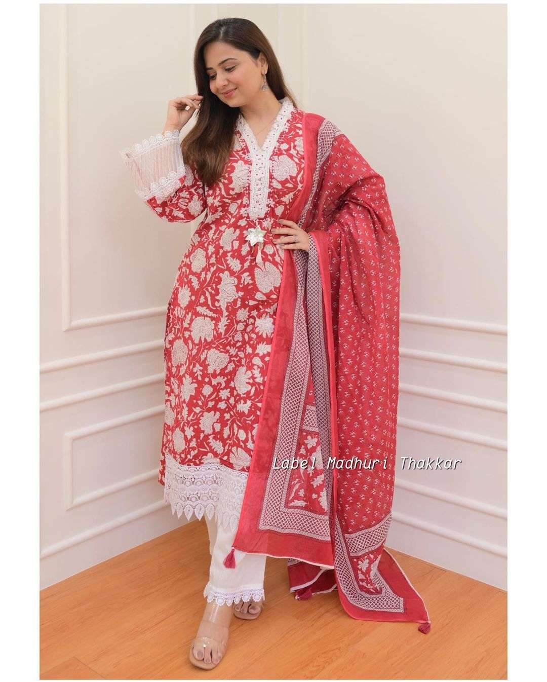 red white pakistani cotton suit hand work and shifli lace work beautiful pakistani cotton suit readymade cotton suit colour red white 
