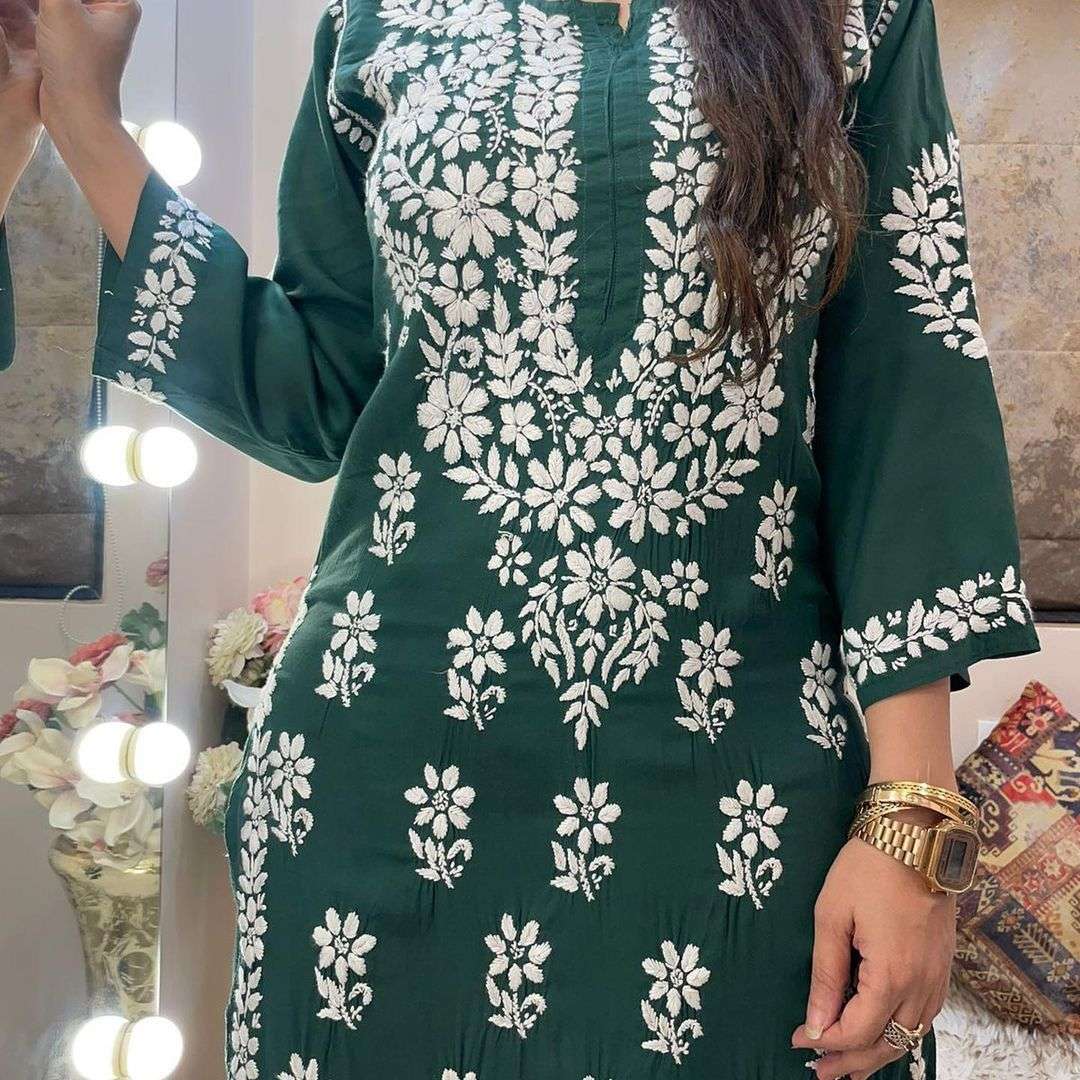 reyon kurtie kurtie with pant reyon kurtie with luckmnavi style embroidery chikanri work kurtie with pant in bottle green colour 