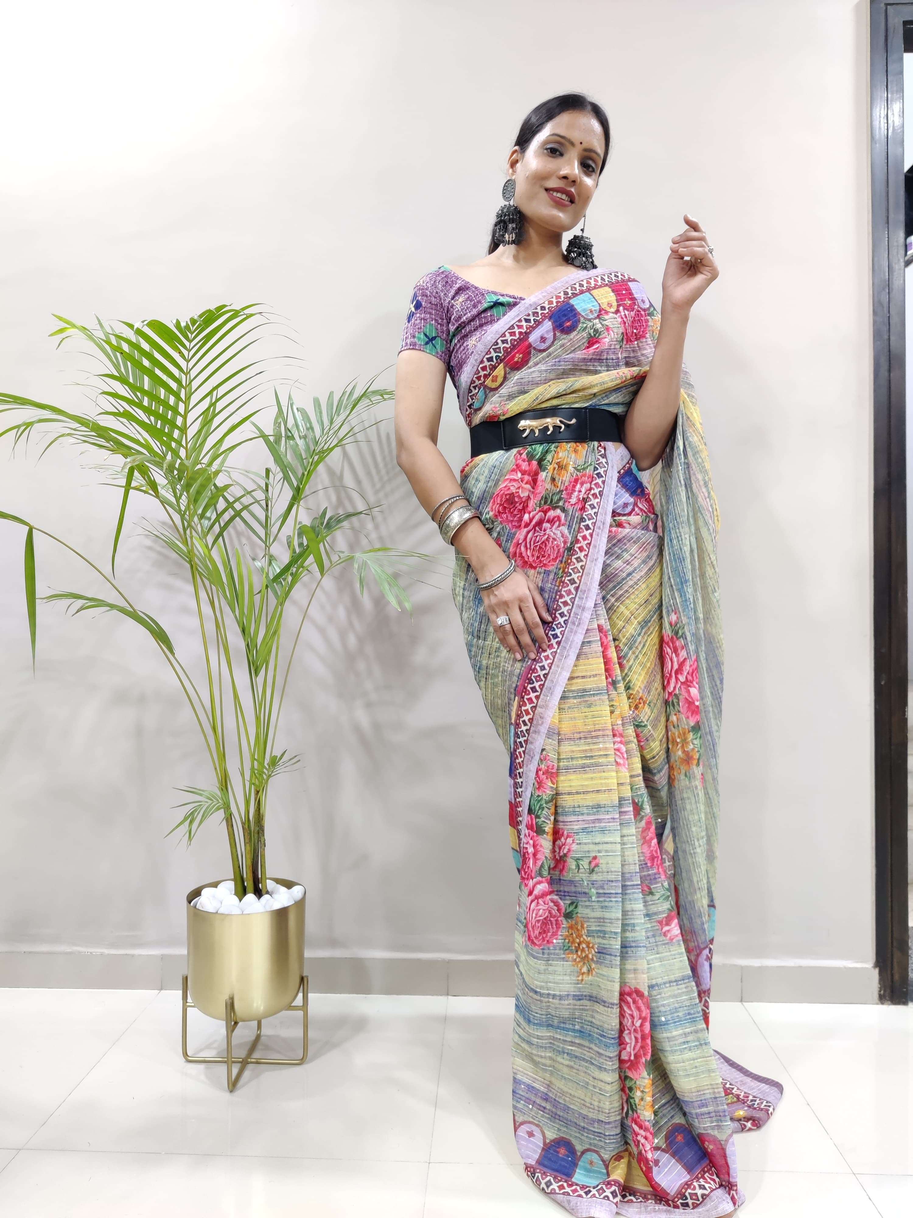 stylish print with embroidery ready to wear saree collection code hc 636 premium georgette with digital print with crochet sequins work ready to wear saree