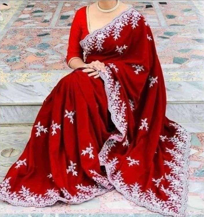 this coldest wedding season wear a designer 9000 original velvet saree with embroidered cut work saree with work blouse velvet saree collection 