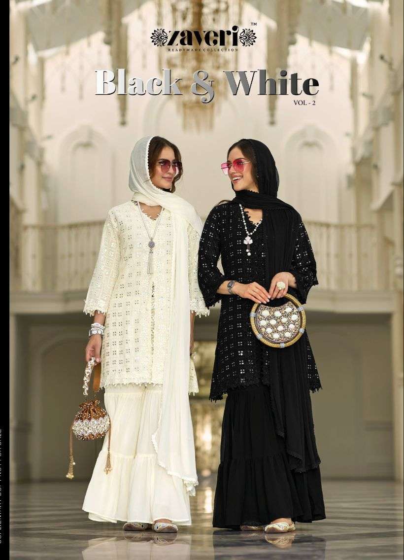 zaveri readymade collection catalogue black n white vol 2 series 1235 to 1236 fox georgette with fancy embroidery  work black colour sharer suit n white colour sharara suit collection  