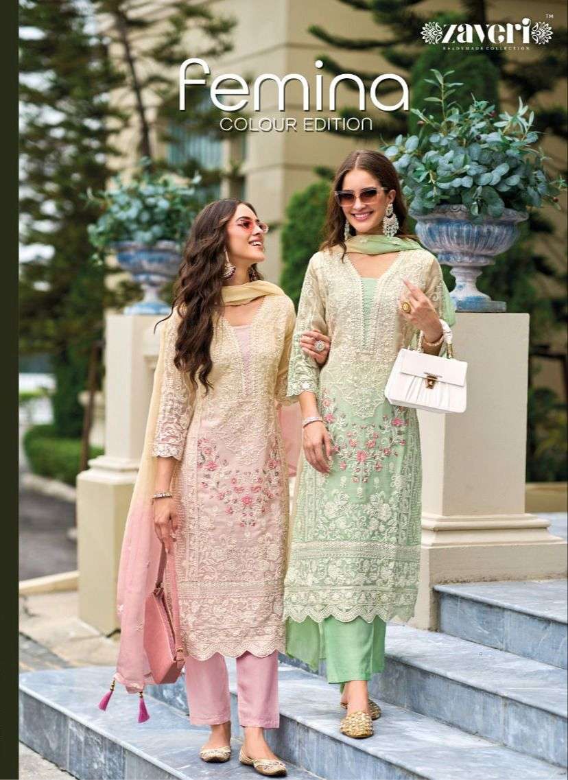zaveri readymade collection catalogue femina colour edition series 1262 to 1264 soft organza with fancy embroidery  work with moti work n gpo lace readymade suit collection 