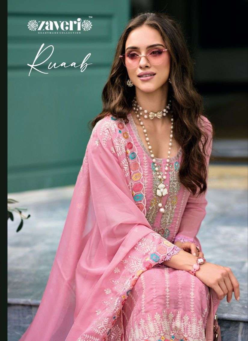 zaveri readymade collection catalogue ruaab series 1254 to 1257 soft organza emboidery work khatli hand work partywear straight suit collection