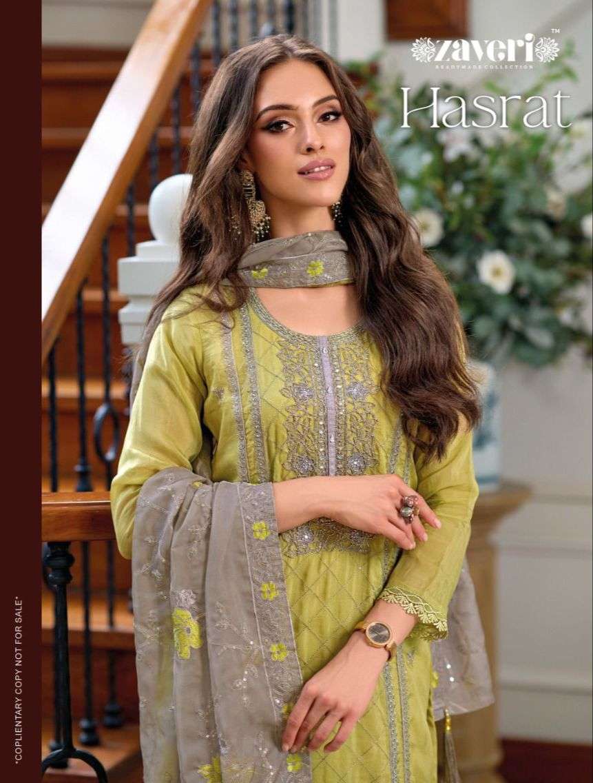 zaveri women beauty new collection catalogue hasrat series 1251 to 1253 soft organza emboidery work khatli hand work readymade straight suit collection  