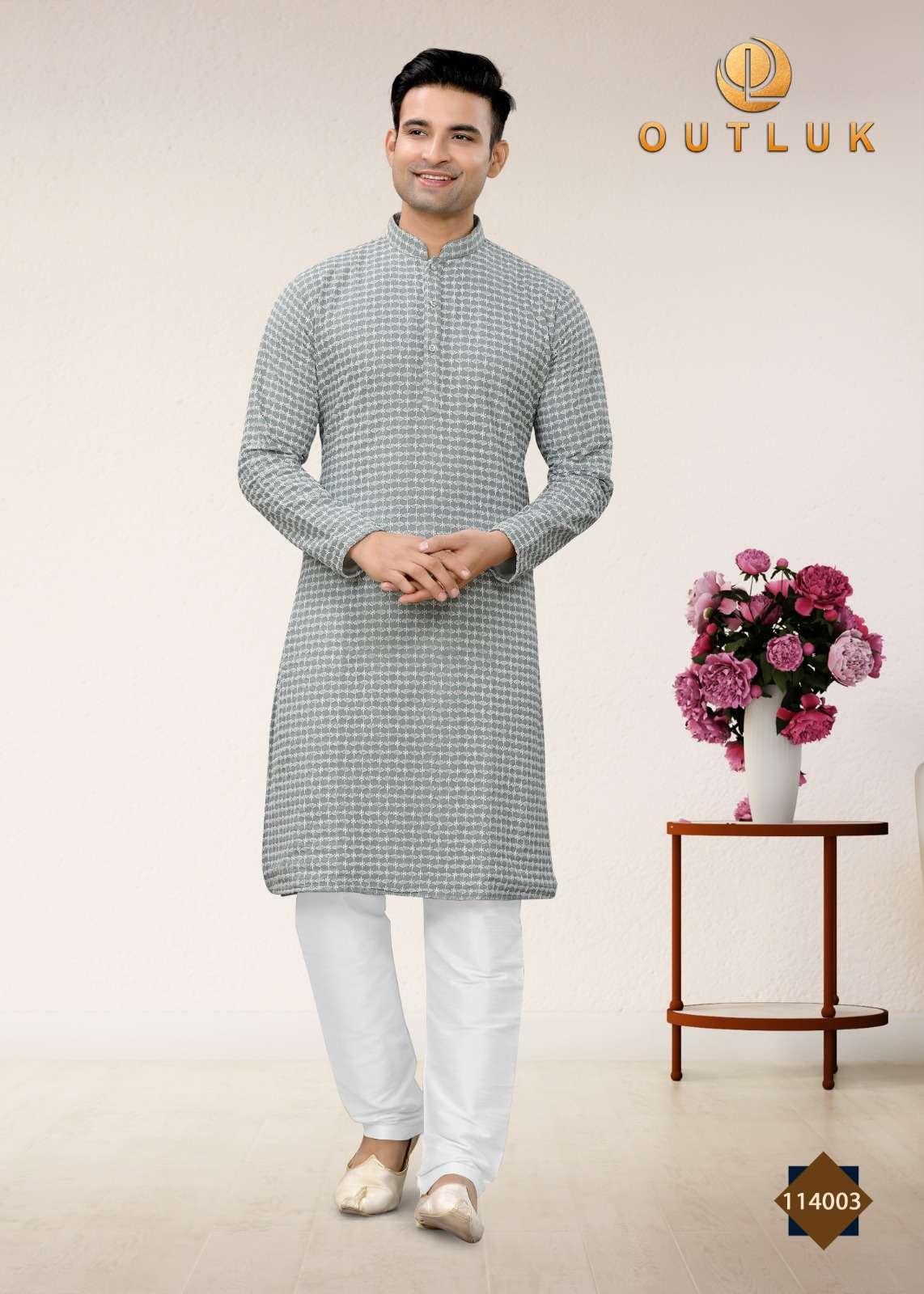 mens wear kurta pyjama outluk add new designs in lakhnowi work kurta pajama catalog name outluk vol 114 series 114001 to 114005  