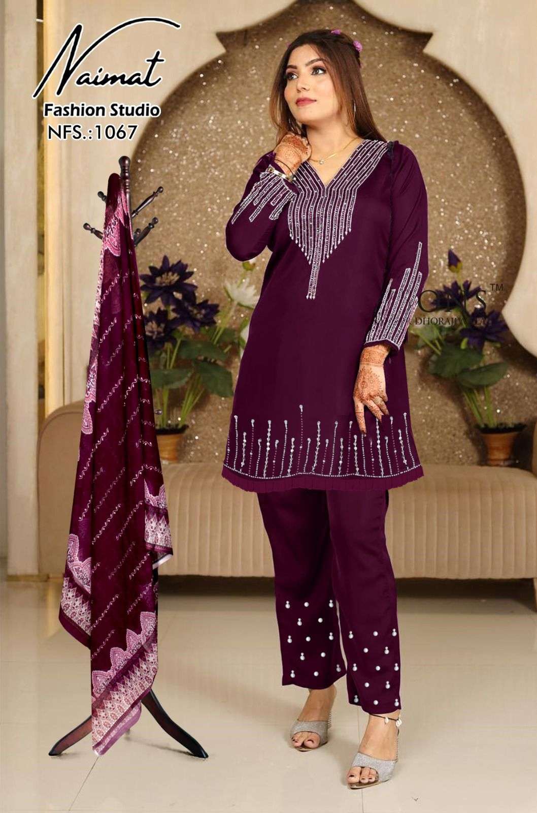 naimat fashion studio design number 1067 stylish readymade cord set style suit hand work in top n sleeves n designer pant  