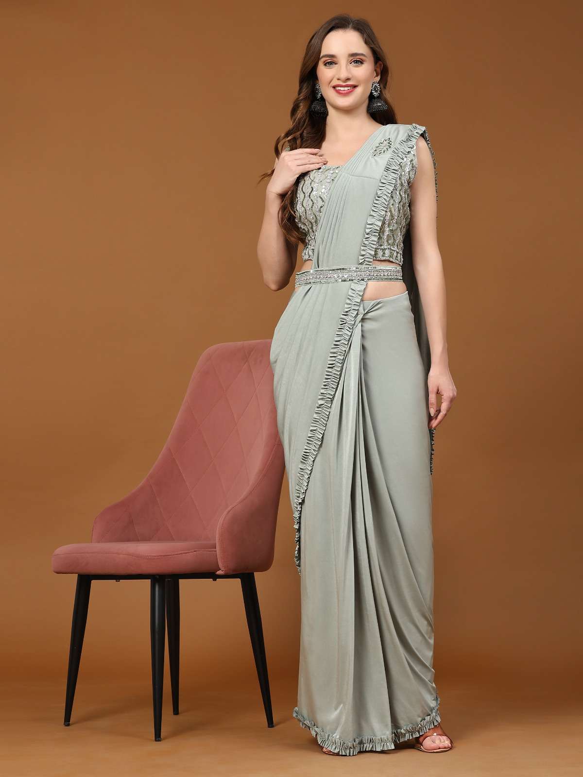 ready to wear saree one minute wearable designer saree with waist belt design no 101997 blouse embroidred sequins work saree  imported fabrics with freel border 