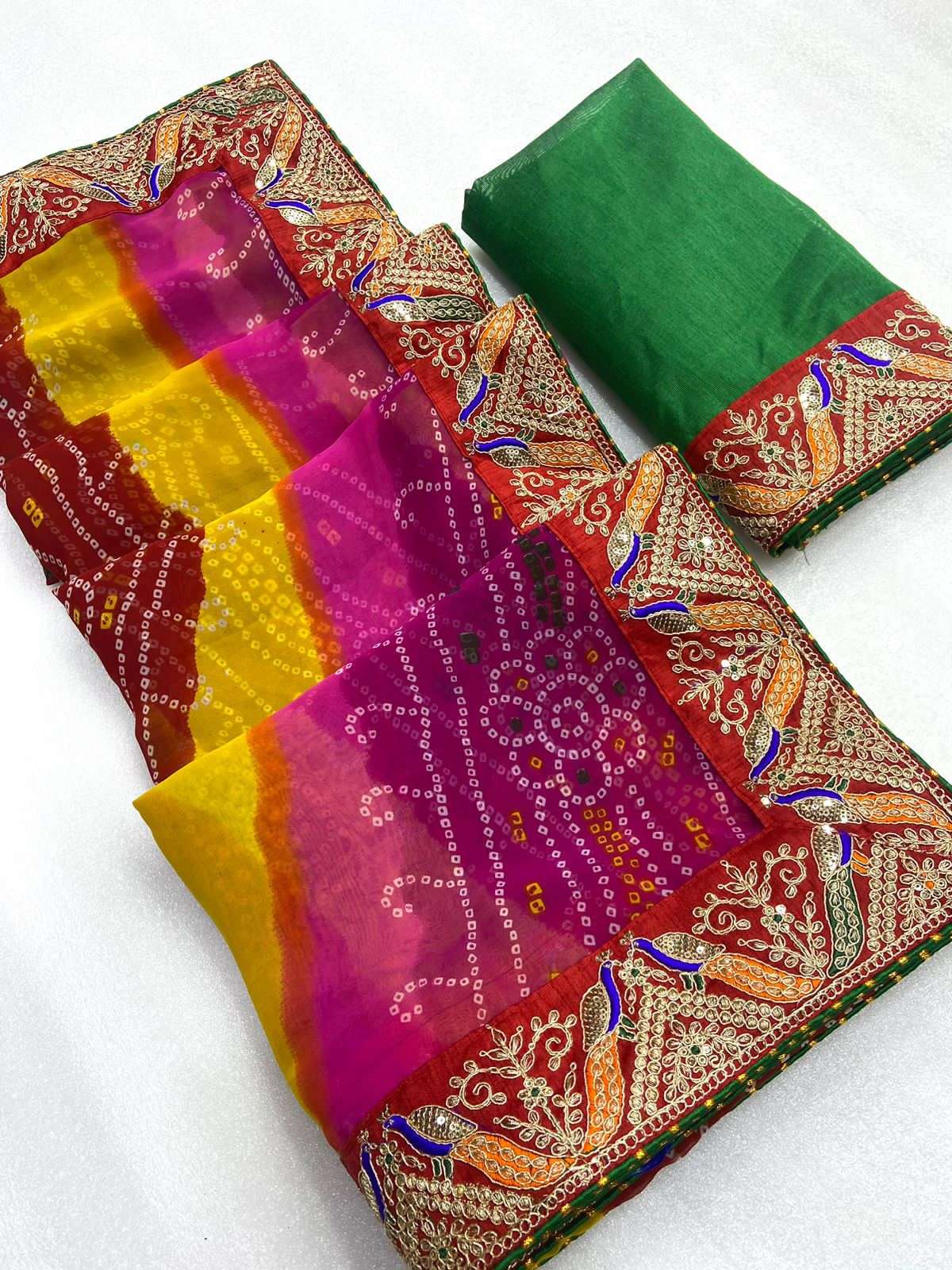 saree collection beautiful soft satrangi georgette lehriya saree with heavy peacock gotapatti sequence multi lace border saree 