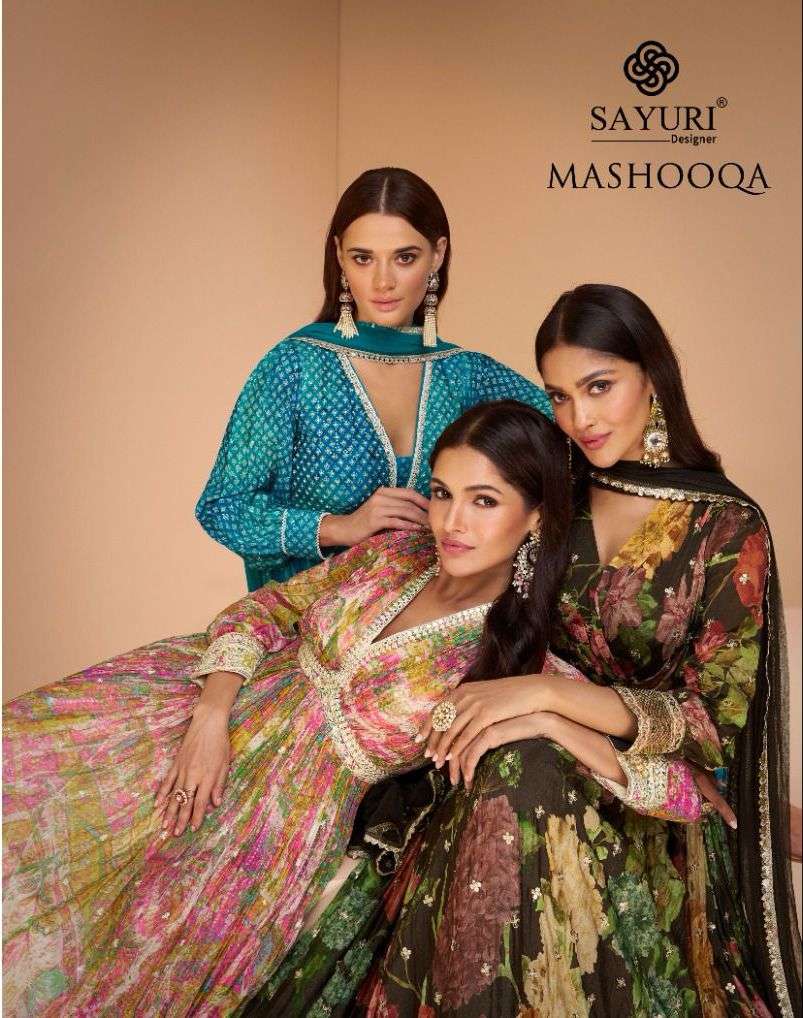sayuri designer catalogue mashooqa series 5359 to 5362 partywear designer print with partywear embroidery heavy readymade anarkali suit collection 
