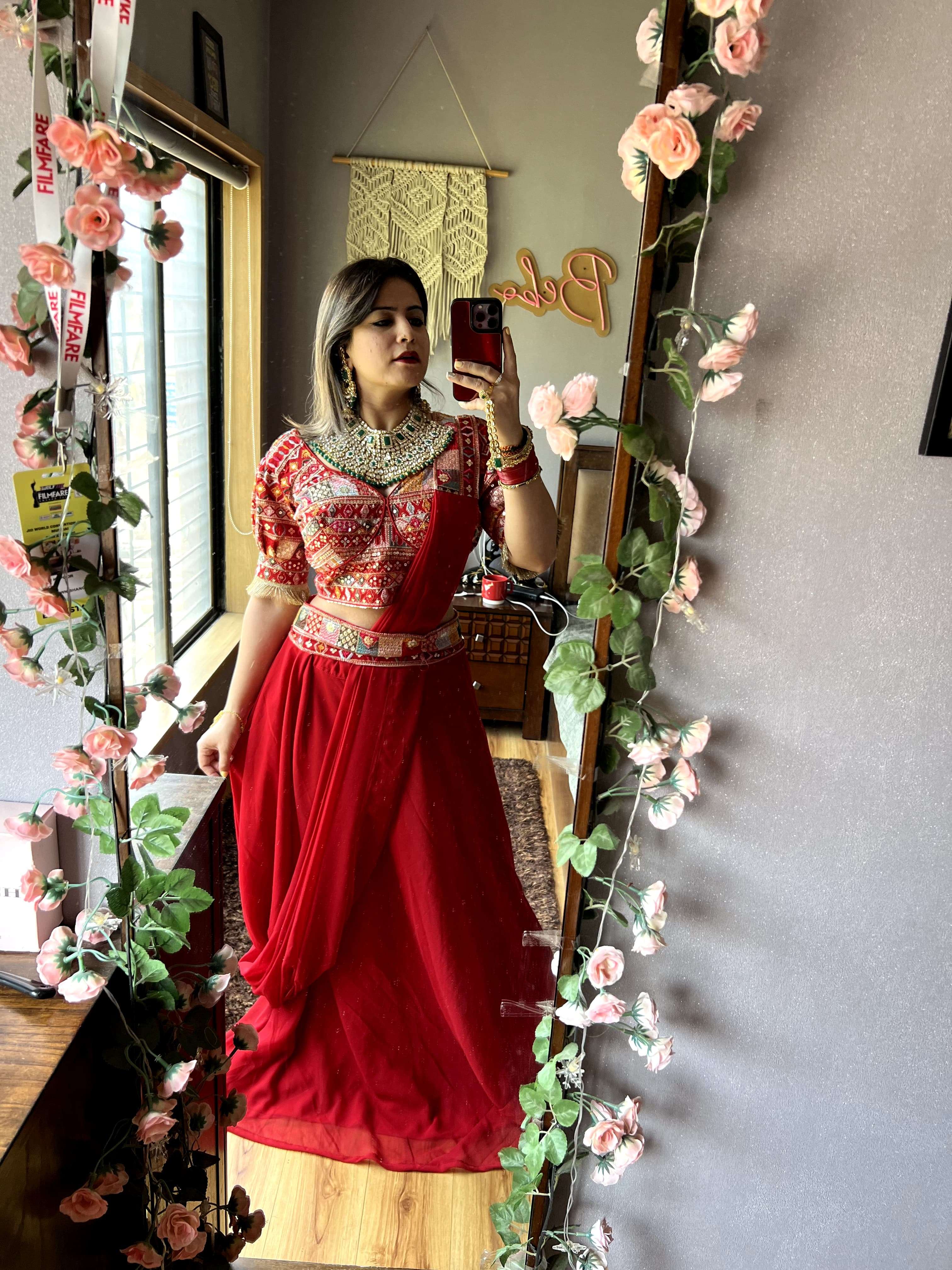 you most beautiful most trending red colour full stitched indowestern lehenga style dress collection with our real modelling shoot 