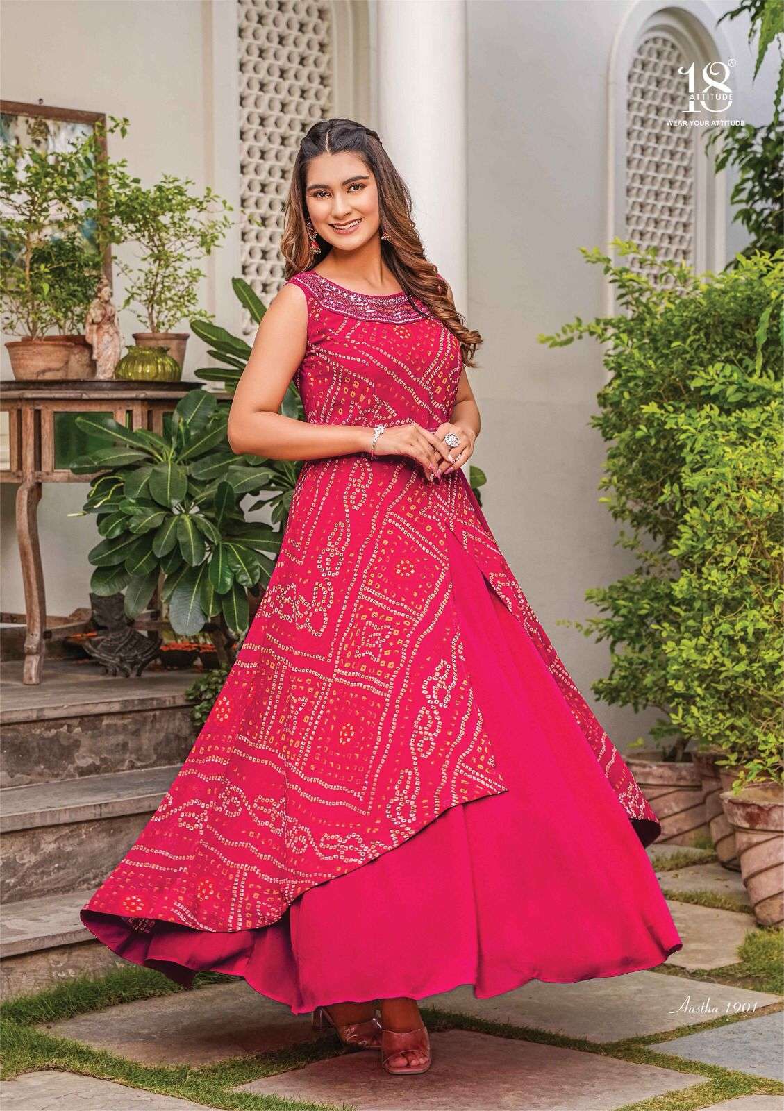 18 attitude catalogue aastha vol 19 series astha 1901 to 1907  premium bamber viscous georgette and some imported silk varieties readymade partywear gown collection  