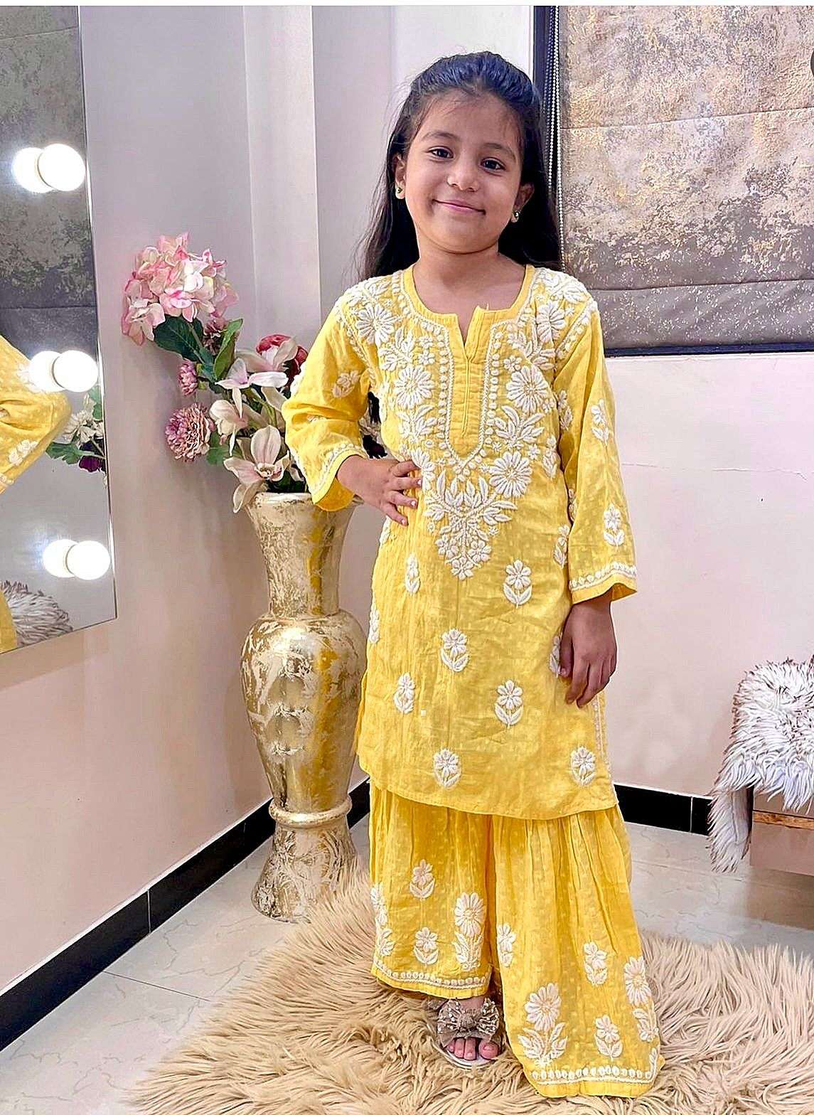 3 year to 15 year girls kidswear presernting new designer reyon cotton embroidery work top with sharara full stiched ready to wear girls kids wear  